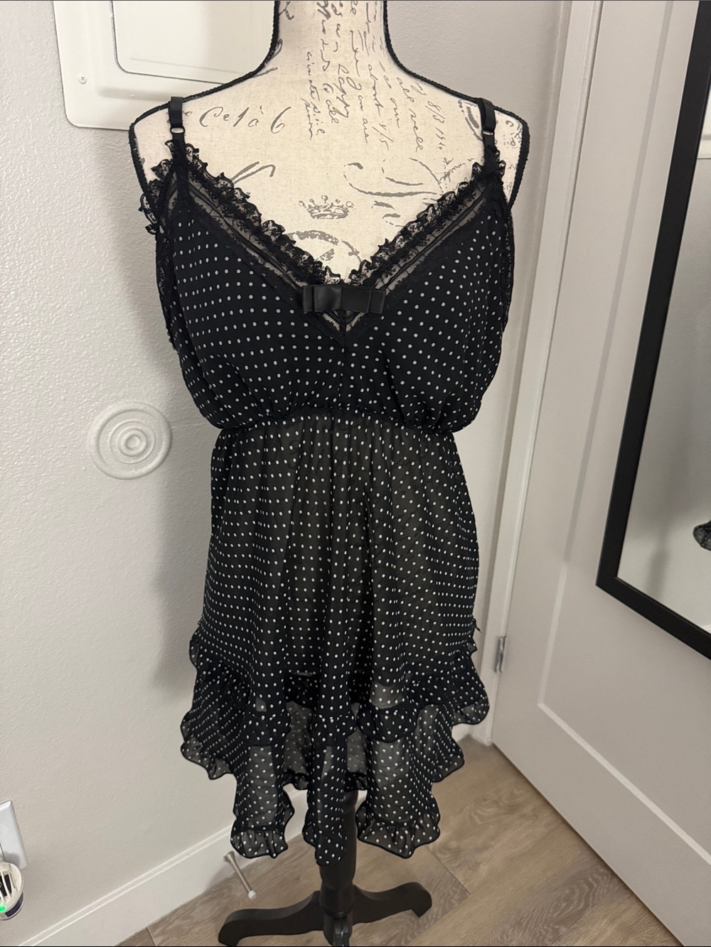 Black Polka Dot Ruffled chemise sheer nighty with Lace Trim
